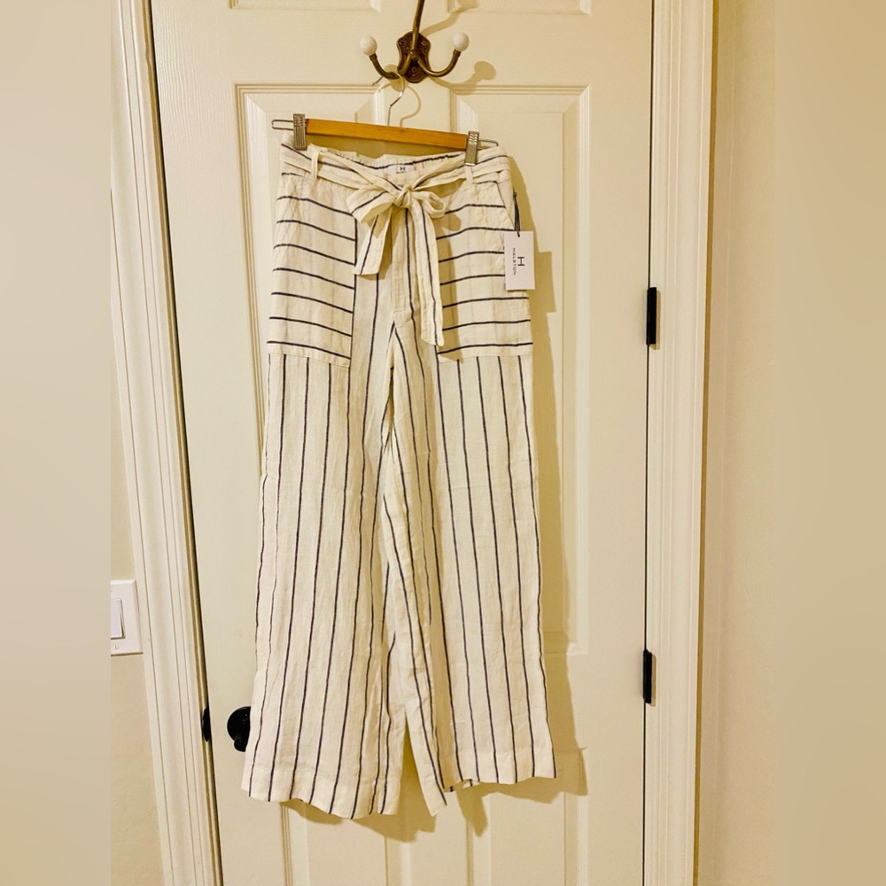 NWT HALSTON 100% linen navy and off-white wide leg pants size 6.